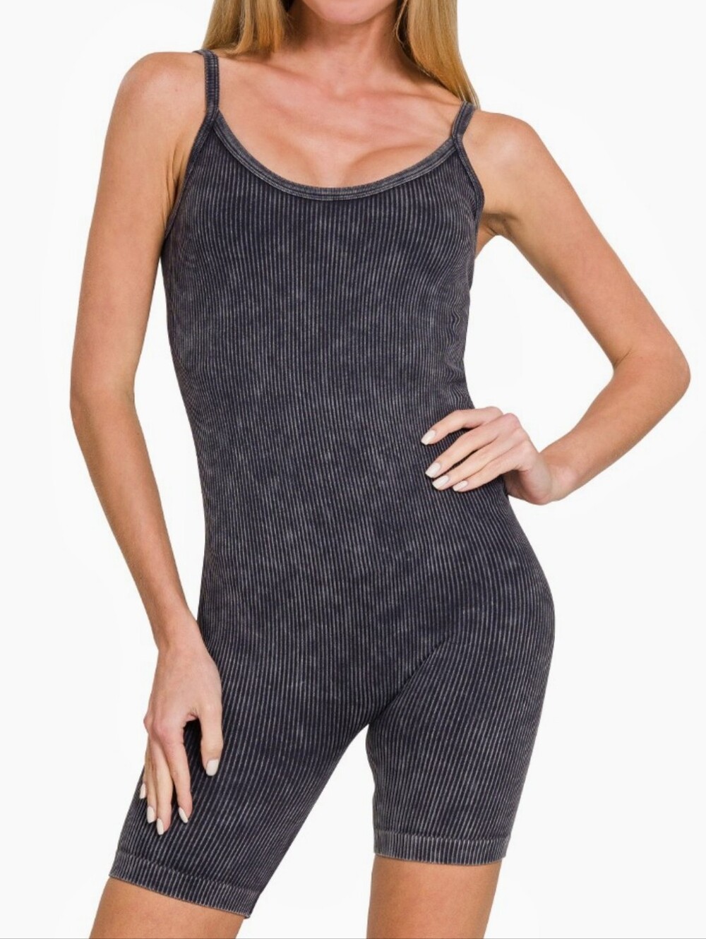 BB111 | Stone Washed Ribbed Seamless Bodysuit - Black